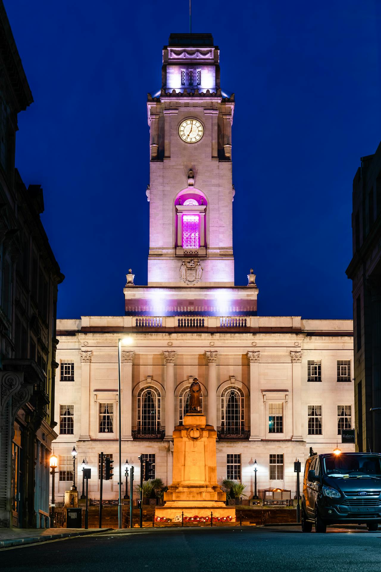 A building illuminated with lights in Barnsley